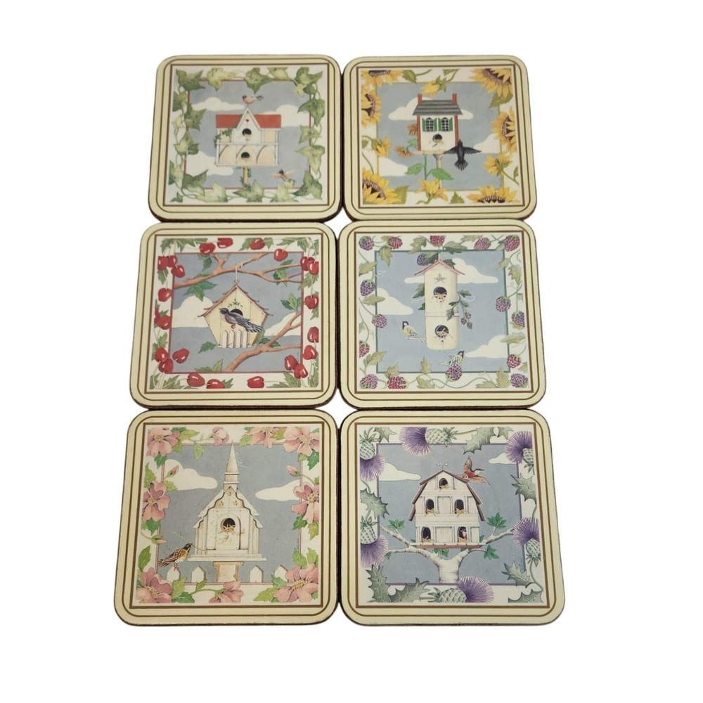 Pimpernel Coasters Birdhouse Floral Cork Backed Set of 6 England 4in